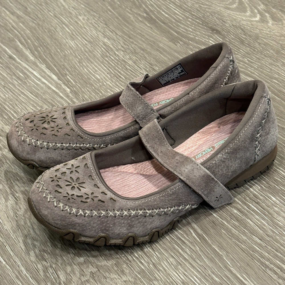 Skechers Bikers Relaxed Fit Brown Suede Mary Jane Sneaker Flats Laser Cut 6.5